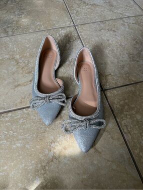 a new day Silver Glitter Pointed Toe Flats with Beaded Bow